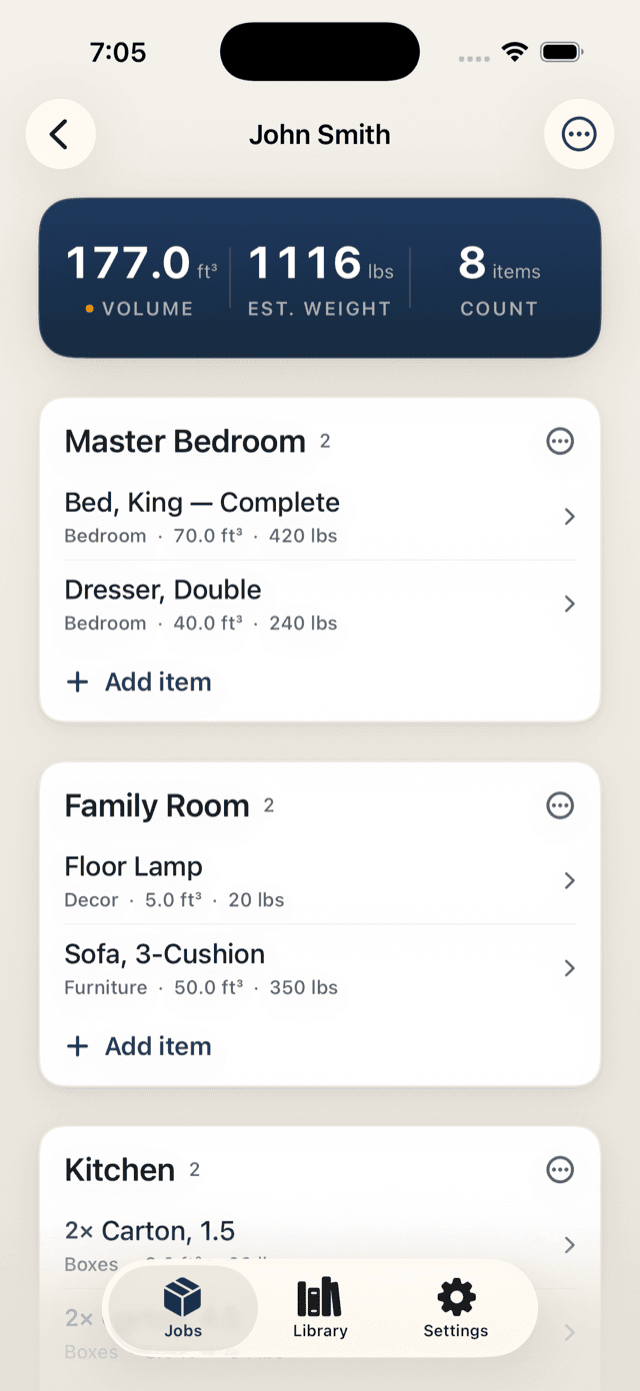 Interstate Inventory app — Live cube & weight totals