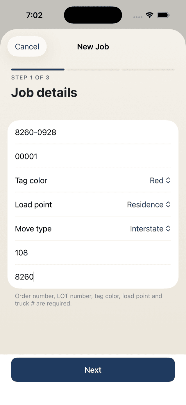 Interstate Inventory app — New job, three steps