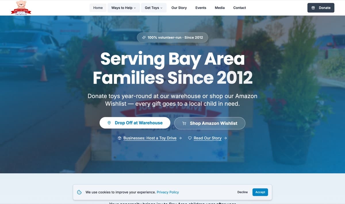 Joey's Toy Drive — donor-ready nonprofit site by JC Media.