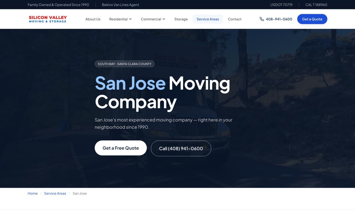 Silicon Valley Moving's San Jose service-area page — a local SEO landing page built by JC Media.