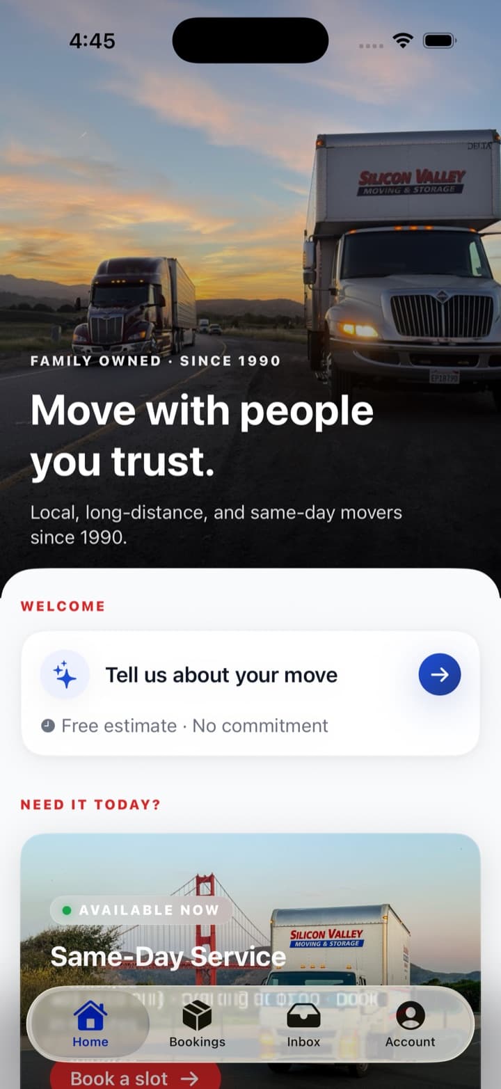 Silicon Valley Moving customer iOS app — home screen with a free-estimate prompt.