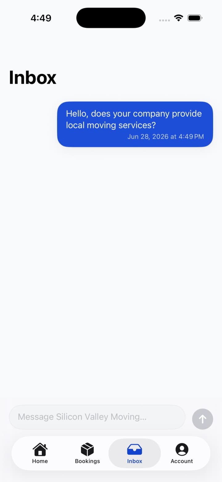Silicon Valley Moving customer iOS app — the message inbox.