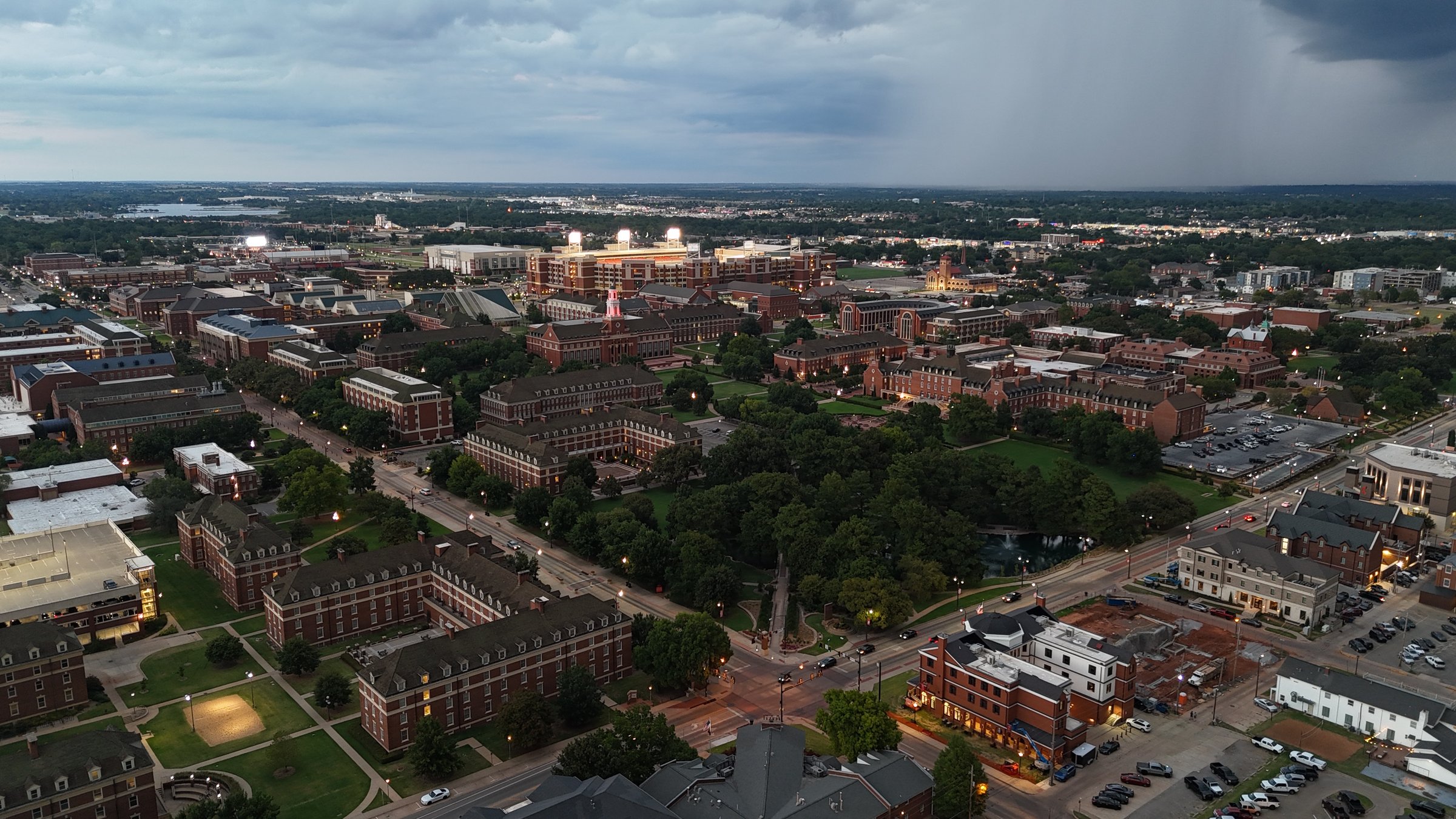 A corporate campus at dusk photographed from the air