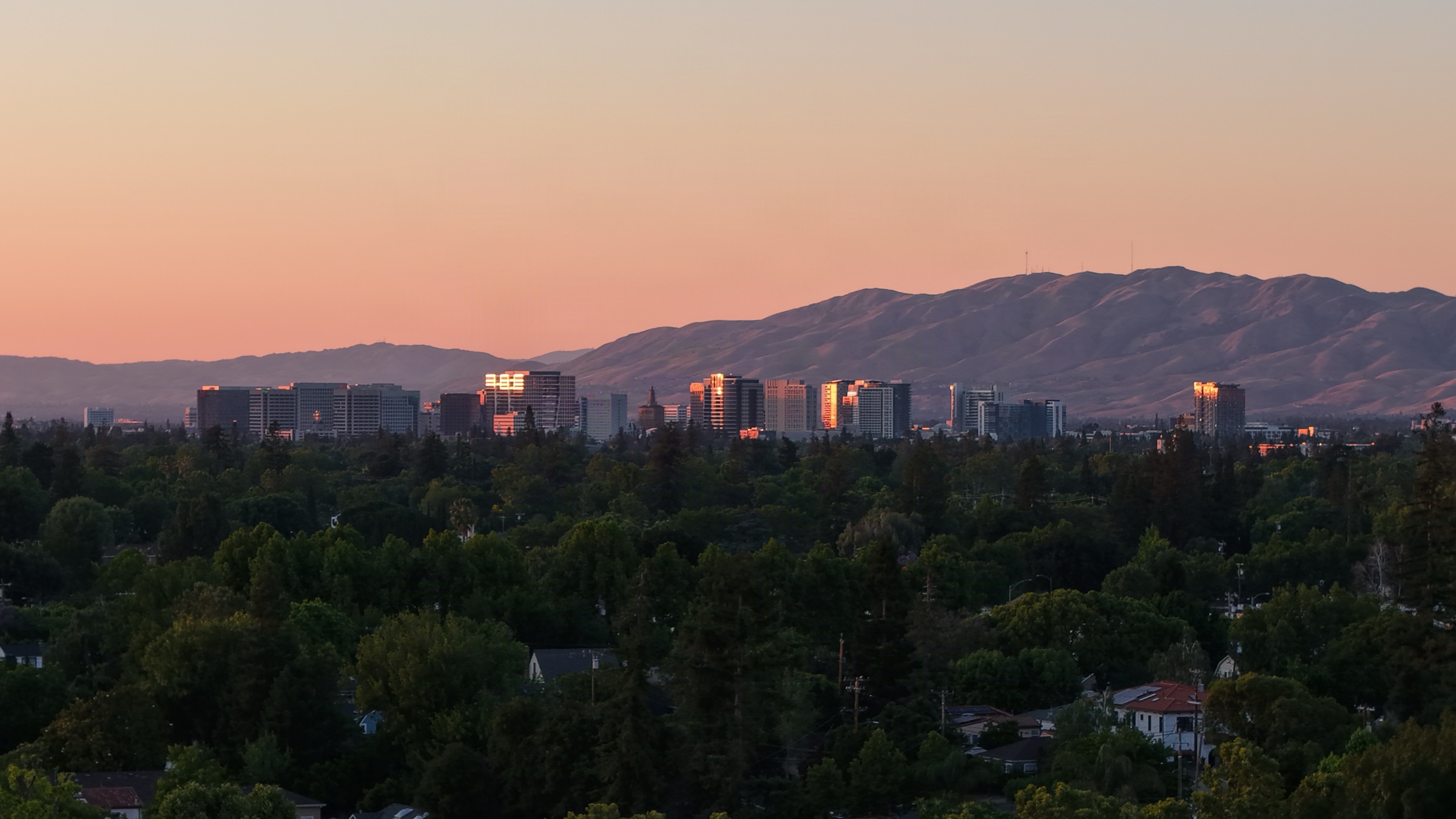 San Jose skyline at sunset photographed from the air