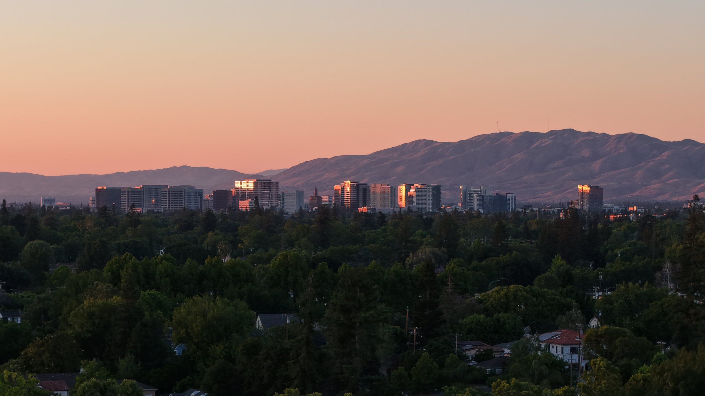 San Jose skyline at sunset photographed from the air
