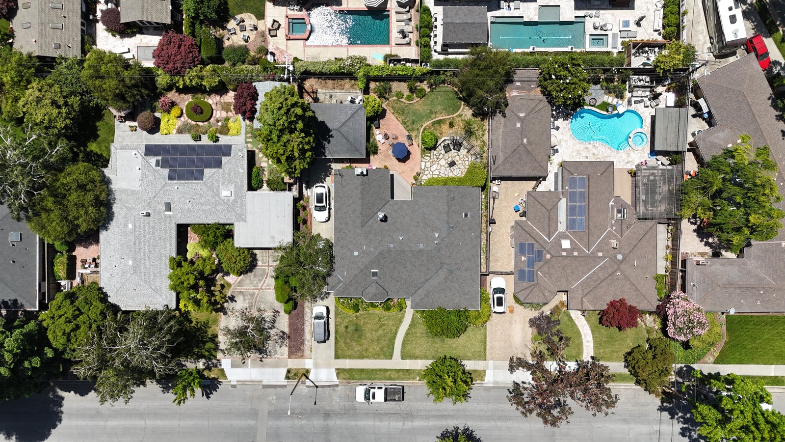 Aerial view of a row of Bay Area homes for a listing