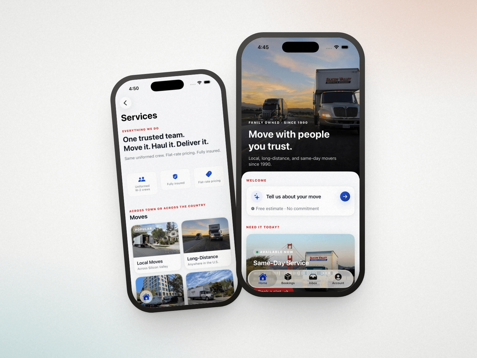 Silicon Valley Moving, The customer app for a moving company running since 1990. Describe a move, get an estimate, book a slot, then follow the job from your phone.
